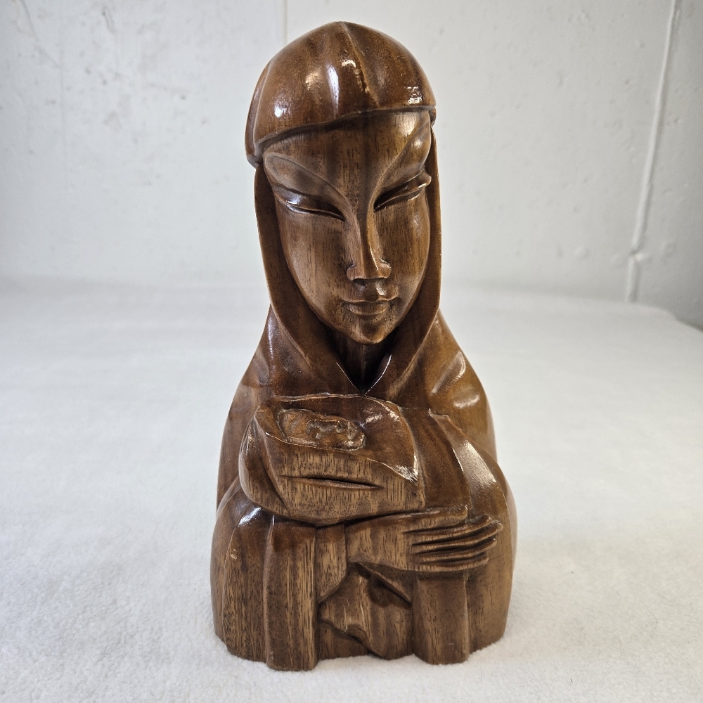MCM LARGE HAND CARVED SOLID WOOD MADONNA & CHILD BUST SCULPTURE 11" 3+ LBS